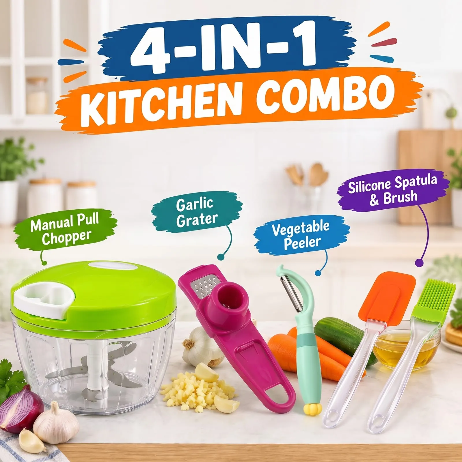 4-in-1 Kitchen Combo — Chopper, Peeler, Garlic Grater & Silicone Brush Set